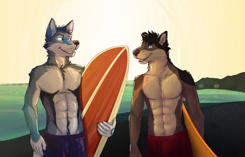 2014 abs anthro azur_(artist) beach blue_body blue_fur brown_body brown_fur canid canine canis clothed clothing collaboration coyote domestic_dog duo fangs fur grey_body grey_fur male mammal outside piercing seaside smile surfboard swimming_trunks swimwear tar0 teeth tongue topless vehicle watercraft white_body white_fur