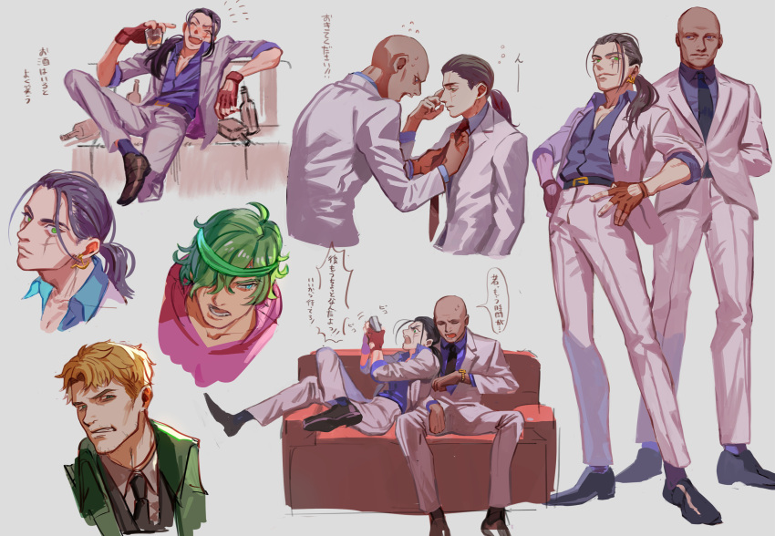 4boys adjusting_clothes adjusting_necktie alcohol bald biker_(hotline_miami) blonde_hair commentary_request dressing_another drinking drunk earrings formal green_eyes green_hair henchman_(hotline_miami) highres hotline_miami hotline_miami_2:_wrong_number jacket jewelry male_focus meipu_hm multiple_boys multiple_views necktie pants ponytail richard_(hotline_miami) shoes son_(hotline_miami) speech_bubble whiskey yaoi