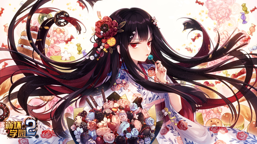 benghuai_xueyuan black_hair blue_flower bread cake candy chocolate copyright_name doughnut female floating_hair floral_print flower food hair_flower hair_ornament highres holding honkai_(series) japanese_clothes kimono licking logo lollipop long_hair looking_at_viewer macaron multicolored_hair mushoku_kika official_art red_eyes red_flower red_hair red_nails red_rose rose second-party_source solo two-tone_hair very_long_hair wafer_stick white_kimono