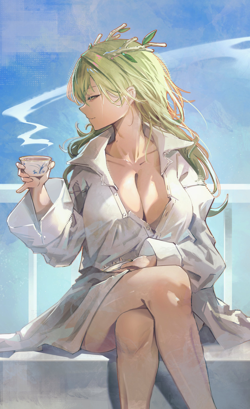 absurdres antlers breasts ceres_fauna cleavage collarbone crossed_legs cup female green_hair highres holding holding_cup holding_tray hololive horns jacket large_breasts long_hair long_sleeves no_pants outdoors railing sitting solo steam tea teacup toripisu tray virtual_youtuber white_jacket wide_sleeves yellow_eyes