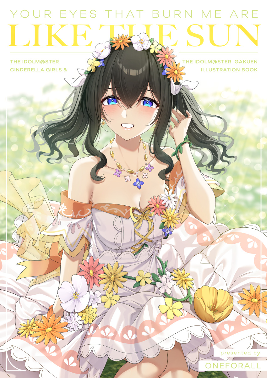 absurdres black_hair blue_eyes blush breasts cleavage collarbone cover cover_page detached_sleeves doujin_cover dress female flower_ornament go-1 highres idolmaster idolmaster_cinderella_girls jewelry looking_at_viewer medium_breasts necklace sagisawa_fumika sidelocks sitting smile solo strapless strapless_dress twintails white_dress