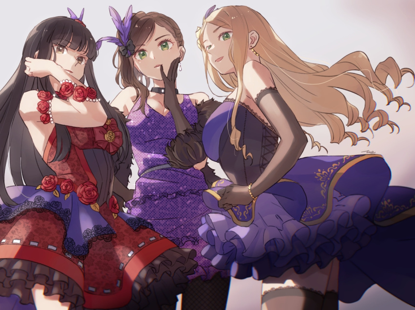 3girls black_gloves black_hair black_thighhighs breasts brown_hair chanosuke cleavage dress elbow_gloves etou_misaki_(idolmaster) feather_hair_ornament feathers fishnets flower flower_ornament gloves hair_ornament hand_on_own_cheek hand_on_own_face idolmaster idolmaster_cinderella_girls kurokawa_chiaki layered_skirt long_hair looking_at_viewer matsuyama_kumiko multiple_girls parted_bangs purple_dress red_dress red_flower red_rose rose skirt straight_hair thighhighs very_long_hair