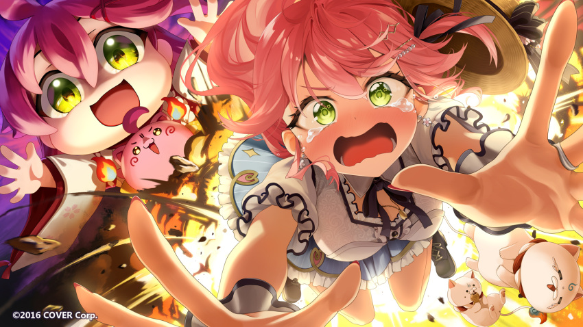 2girls 35p_(sakura_miko) :d breasts crying crying_with_eyes_open earrings explosion flower_earrings frilled_skirt frills green_eyes hat highres hololive jewelry kintoki_(sakura_miko) kito_koruta medium_breasts mikodanye multiple_girls open_mouth pink_hair sakura_miko sakura_miko_(street) shirt short_sleeves skirt smile tears unworn_hat unworn_headwear white_shirt