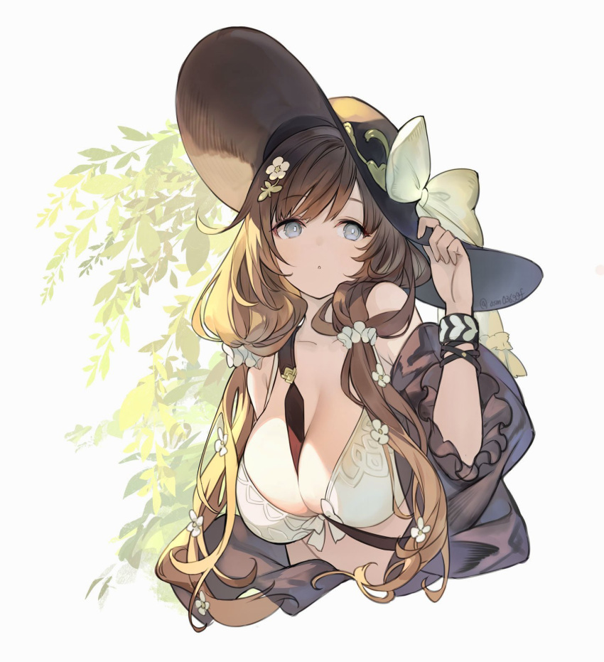 between_breasts bikini black_hat bow breasts female flower flower_hairpin granblue_fantasy hair_flower hair_ornament hat hat_bow highres large_breasts leaf osamu_(jagabata) raziel_(granblue_fantasy) raziel_(summer)_(granblue_fantasy) solo strap_between_breasts sun_hat swimsuit upper_body white_bikini white_bow