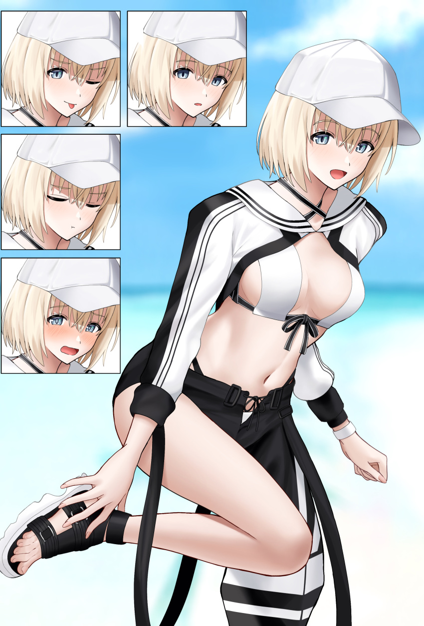 absurdres artoria_caster_(fate) artoria_caster_(swimsuit)_(fate) artoria_caster_(swimsuit)_(fate)_(cosplay) artoria_caster_(swimsuit)_(first_ascension)_(fate) artoria_pendragon_(fate) asymmetrical_clothes azur_lane banba_(jakqbigone) baseball_cap bataan_(azur_lane) bikini cosplay expressions fate/grand_order fate_(series) female hat highres looking_at_viewer sandals short_hair shrug_(clothing) single_pantsleg sports_sandals swimsuit