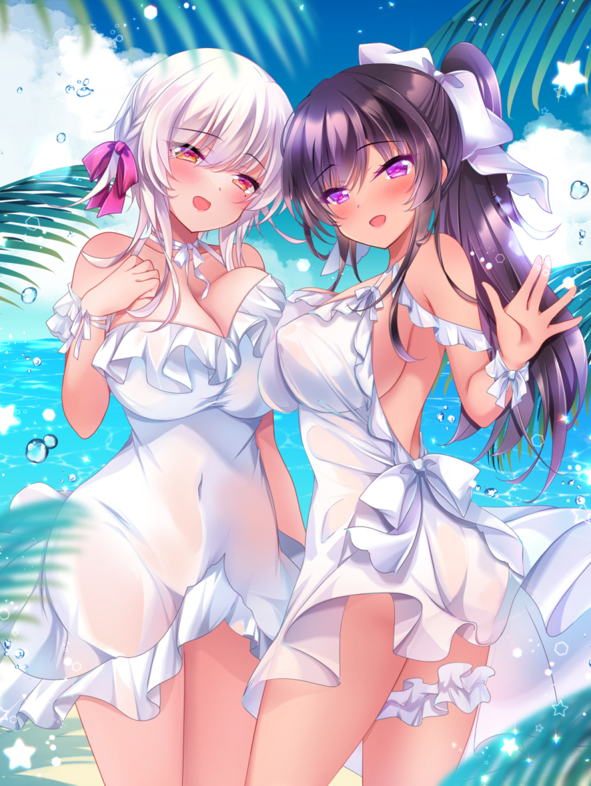 2girls bare_shoulders breasts brown_eyes cleavage cloud cloudy_sky covered_navel covered_nipples dress frilled_garter hair_ribbon hashimoto_karen_(ichiyou_moka) heart heart-shaped_pupils highres ichiyou_moka large_breasts long_hair looking_at_viewer medium_hair multiple_girls navel open_mouth original outdoors ponytail purple_eyes purple_hair purple_ribbon ribbon see-through see-through_dress sideboob sky smile symbol-shaped_pupils takanashi_iori_(ichiyou_moka) water waving white_dress white_hair white_ribbon