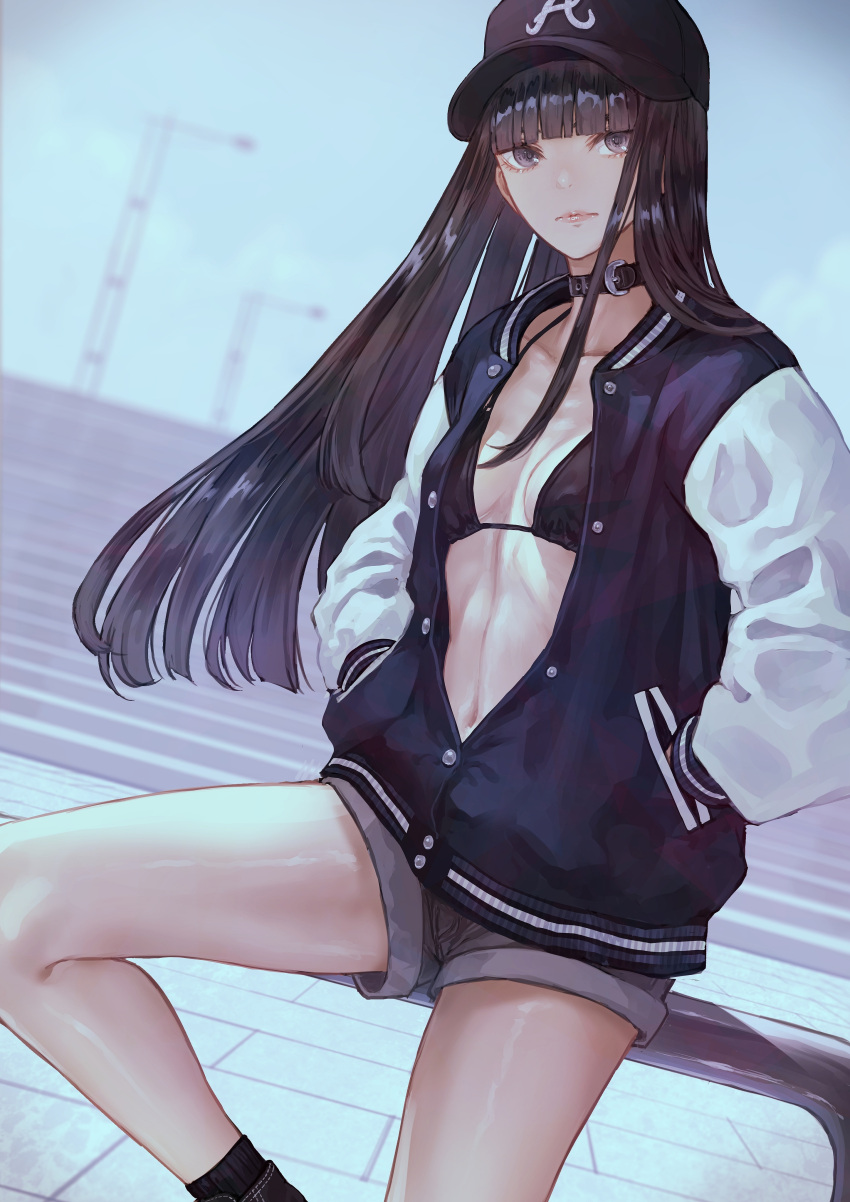 absurdres atlanta_braves baseball_cap bikini black_bikini black_hair black_shorts blunt_bangs breasts collar collarbone female grey_eyes hands_in_pockets hat highres jacket kaoming letterman_jacket long_hair long_sleeves looking_at_viewer navel original shorts small_breasts solo swimsuit thighs yokosuka_mai