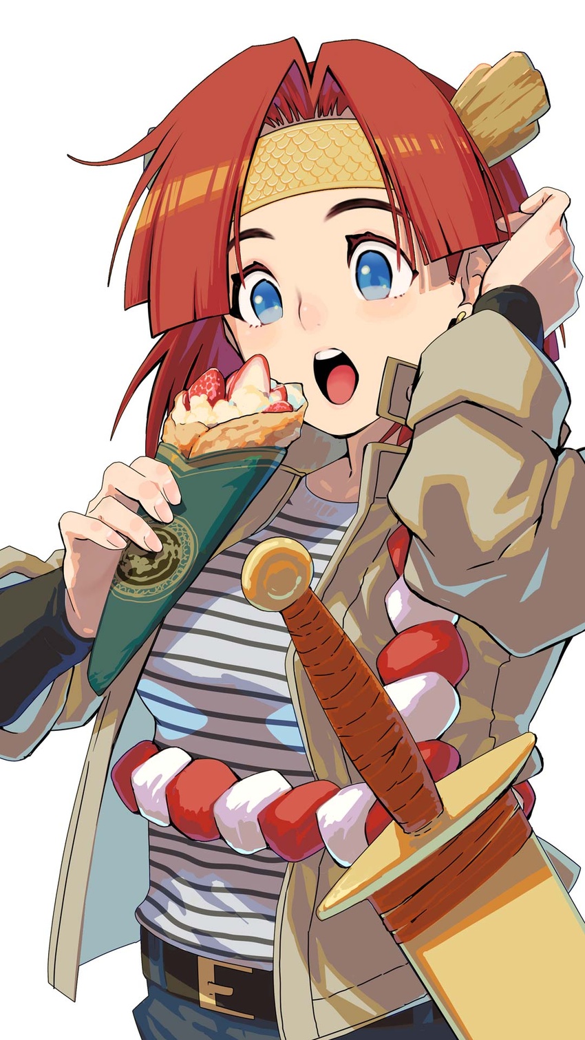 belt blue_eyes crepe earrings female food fruit ghost_sweeper_mikami headband highres holding holding_food jewelry open_mouth parted_bangs red_hair sheath shiomiya_iruka shirt short_hair shoryuki solo strawberry striped_clothes striped_shirt sword teeth upper_body weapon white_background