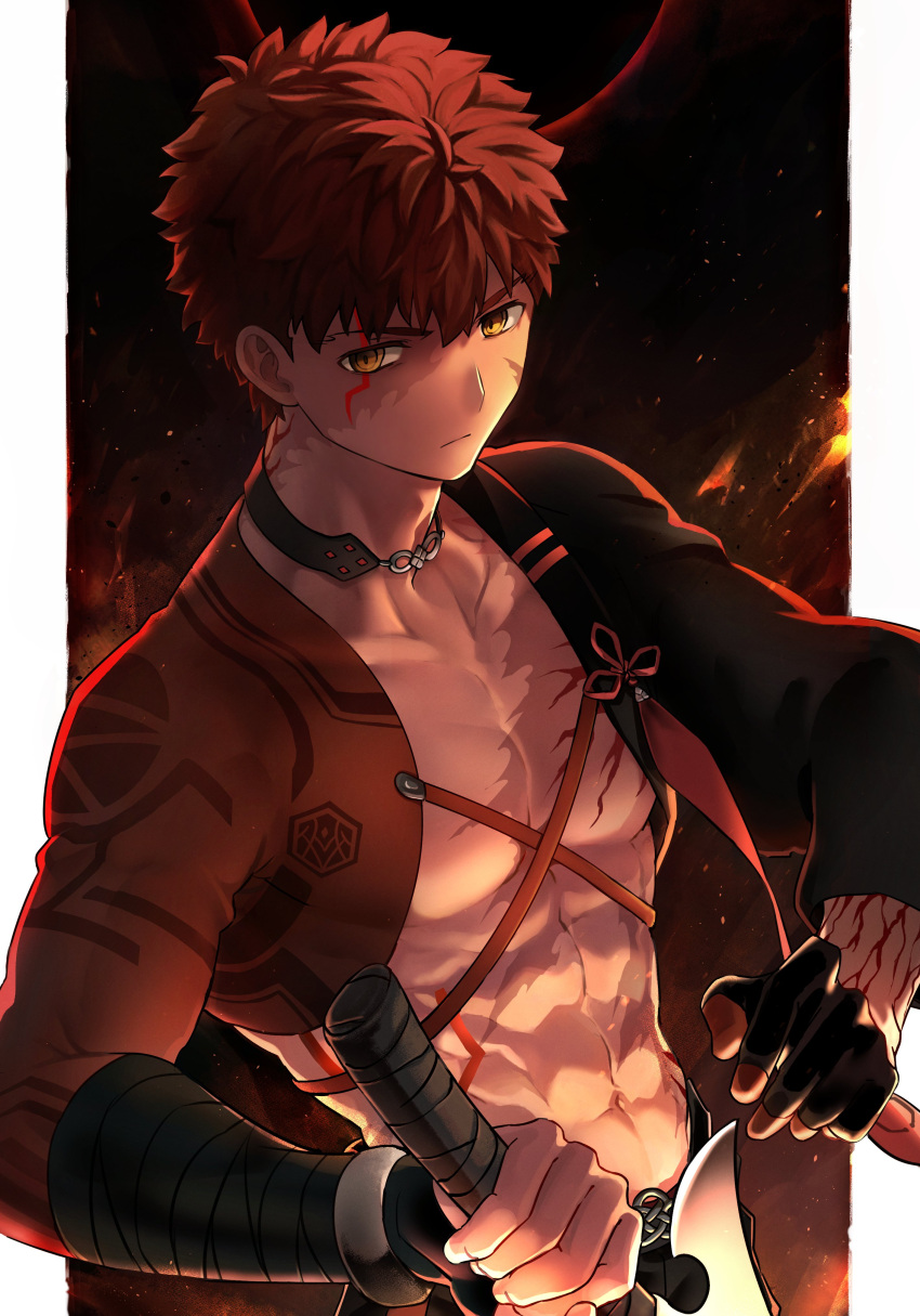 1boy absurdres alter_servant belt collar dark_persona emiya_shirou expressionless fate/grand_order fate_(series) great_grail highres holding holding_weapon igote looking_at_viewer male_focus okonon_(kado_colda) red_hair scar scar_across_eye scar_on_arm scar_on_chest scar_on_face senji_muramasa_(fate) solo toned toned_male topless_male upper_body weapon wide_sleeves yellow_eyes