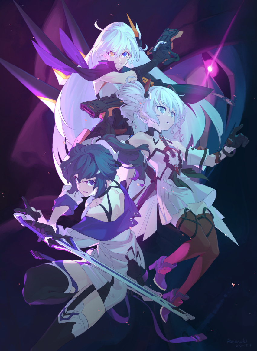 3girls amenoki antenna_hair black_eyes black_gloves black_hair black_jacket blue_eyes bronya_zaychik bronya_zaychik_(drive_kometa) bronya_zaychik_(yamabuki_armor) closed_mouth commentary_request dress drill_hair dual_wielding full_body gloves glowing glowing_eyes grey_eyes grey_hair gun handgun heterochromia highres holding holding_gun holding_sword holding_weapon honkai_(series) honkai_impact_3rd jacket katana kiana_kaslana kiana_kaslana_(void_drifter) long_hair looking_at_viewer multiple_girls open_mouth ponytail raiden_mei raiden_mei_(striker_fulminata) shirt shoes sword thighhighs twin_drills v-shaped_eyebrows weapon white_dress white_jacket white_shirt yellow_eyes zettai_ryouiki