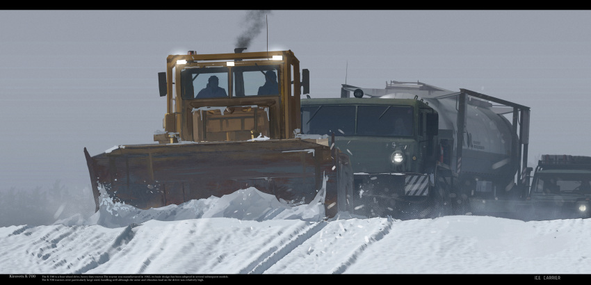 2boys car convoy front-end_loader grey_sky haguruma_c highres kirovets_k-700 letterboxed machinery maz-537 mercedes-benz_g-class military military_truck military_vehicle motor_vehicle multiple_boys original semi_truck side-view_mirror sky smoke smokestack snow snowplow sports_utility_vehicle tank_truck trailer tree truck