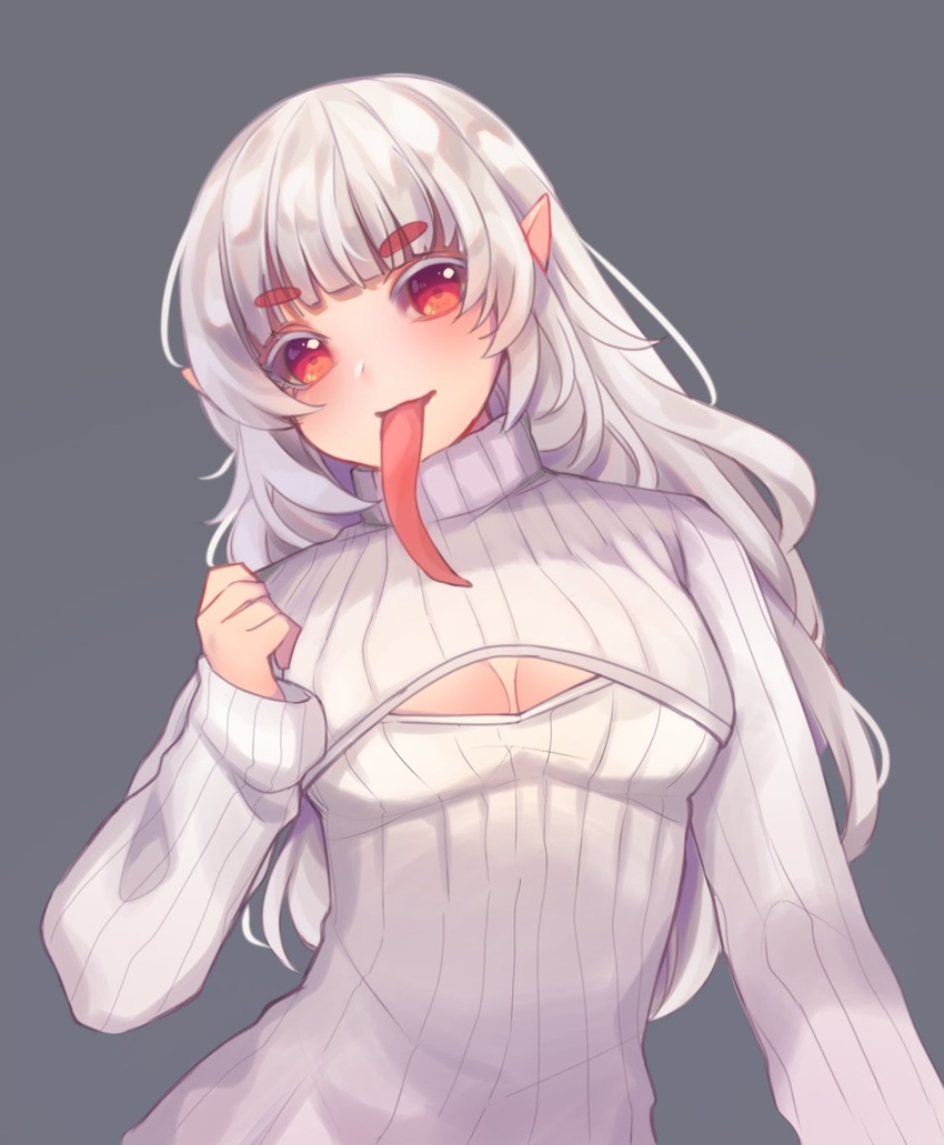 ad-6-0001a albino alternate_skin_color blunt_bangs borrowed_character breasts cleavage female grey_background head_tilt highres long_hair long_tongue looking_at_viewer medium_breasts meme_attire mony_(mong12345678910) open-chest_sweater pointy_ears project_a.d.a. red_eyes ribbed_sweater sleeves_past_wrists solo sweater tongue tongue_out turtleneck turtleneck_sweater white_hair white_sweater