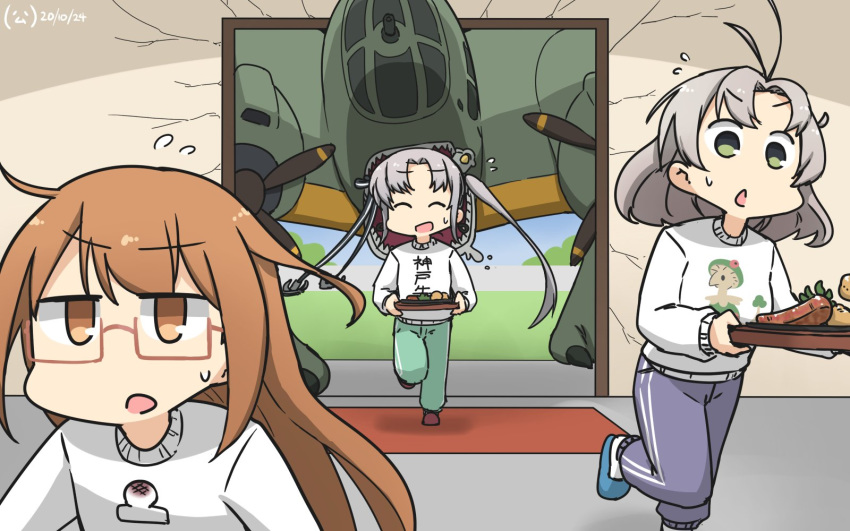 3girls aircraft airplane akitsushima_(kancolle) alternate_costume anchor_hair_ornament antenna_hair breloom brown_eyes brown_hair character_print closed_eyes clothes_writing commentary_request crack dated door food glasses green_eyes green_pants grey_hair hair_ornament hamu_koutarou highres kantai_collection kinugasa_(kancolle) long_hair medium_hair mochi mochizuki_(kancolle) multiple_girls nishikitaitei-chan one-hour_drawing_challenge pants pokemon print_sweater purple_pants red-framed_eyewear semi-rimless_eyewear side_ponytail sidelocks sizzler_plate sweater track_pants translated under-rim_eyewear white_legwear white_sweater