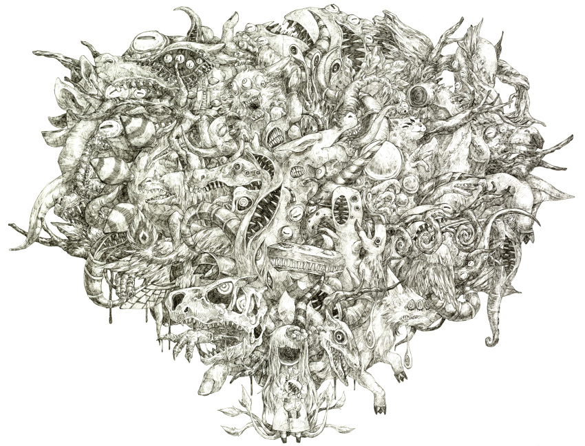 commentary creature cthulhu_mythos eldritch_abomination eyeball flower hair_flower hair_ornament highres kuuneru monochrome monster no_humans shaded_face shub-niggurath simple_background tentacle tusks white_background