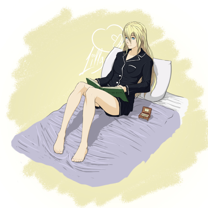 barefoot bed black_shorts blind blonde_hair blue_eyes book braille drawfag feet female hair_down highres katawa_shoujo long_hair music_box on_bed open_book pajamas photoshop_(medium) pillow reading satou_lilly shorts sitting solo