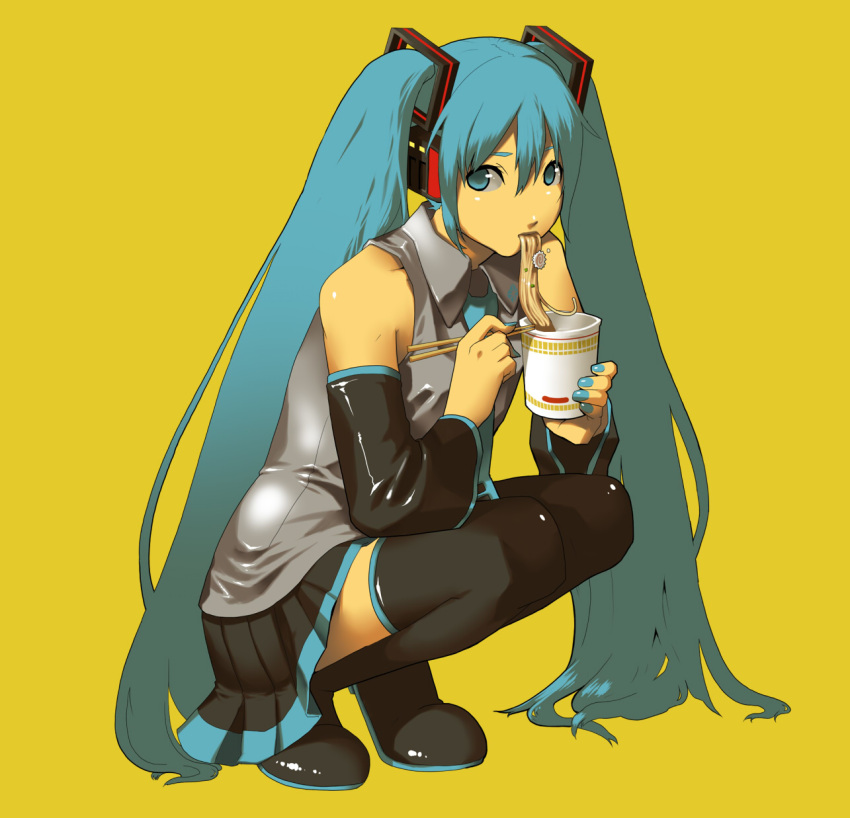 aqua_eyes aqua_hair boots chopsticks commentary_request detached_sleeves eating female food hatsune_miku highres kamaboko long_hair narutomaki necktie nissin_cup_noodle noodles sakuwa simple_background skirt solo squatting thigh_boots thighhighs tiptoes twintails very_long_hair vocaloid yellow_background