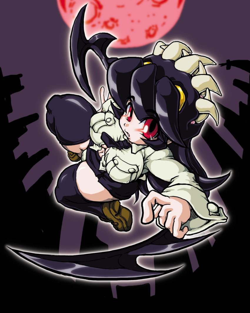 black_thighhighs commentary_request extra_mouth female filia_(skullgirls) full_moon highres hirose_tsunami moon panties pantyshot red_eyes red_moon samson_(skullgirls) shoes skullgirls solo thighhighs underwear weapon white_panties