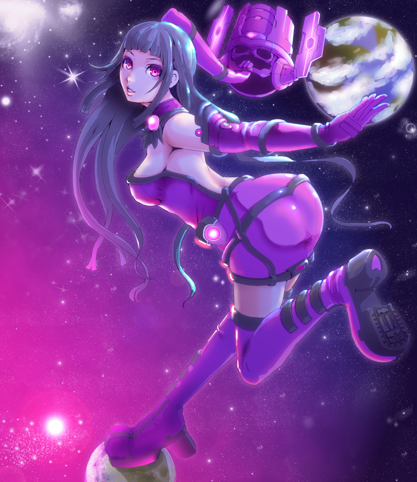 absurdres animification backless_dress backless_outfit boots breasts commentary_request dress earth_(planet) elbow_gloves female full_moon galacta giant giantess gloves helm helmet highres large_breasts long_hair marvel moon oretex planet platform_footwear purple_eyes purple_footwear short_dress sideboob solo space strapless strapless_dress