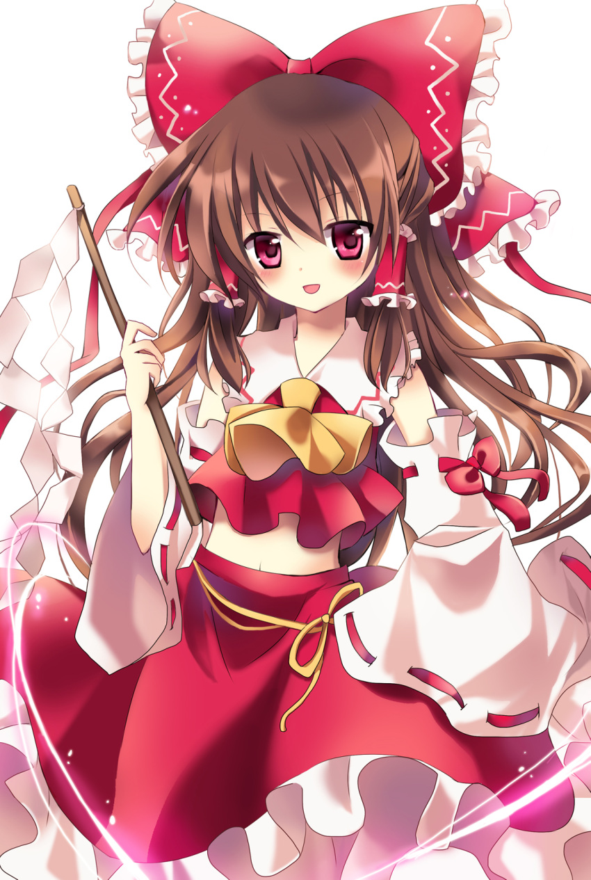 ascot blush bow brown_hair detached_sleeves gohei hair_tubes hairbow hakurei_reimu highres long_hair mayo_(miyusa) navel pink_eyes skirt skirt_set smile solo touhou