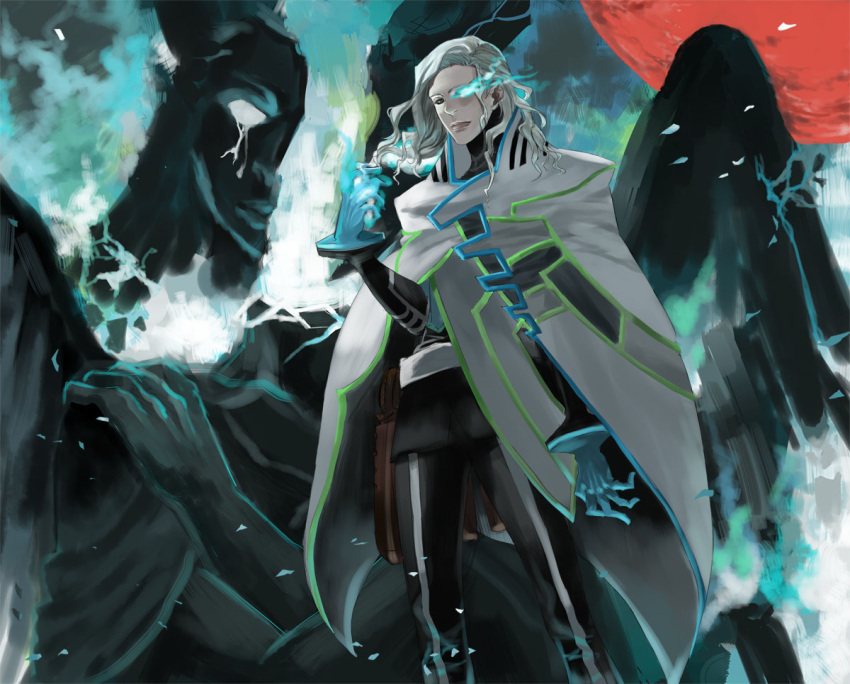 1boy blue_fire cape commentary_request fire full_moon glowing glowing_eye grey_hair lips long_hair lunatic_(tiger_&_bunny) male_focus moon photoshop_(medium) red_moon solo statue superhero_costume tiger_&_bunny uka_(azraeluka) white_hair yuri_petrov