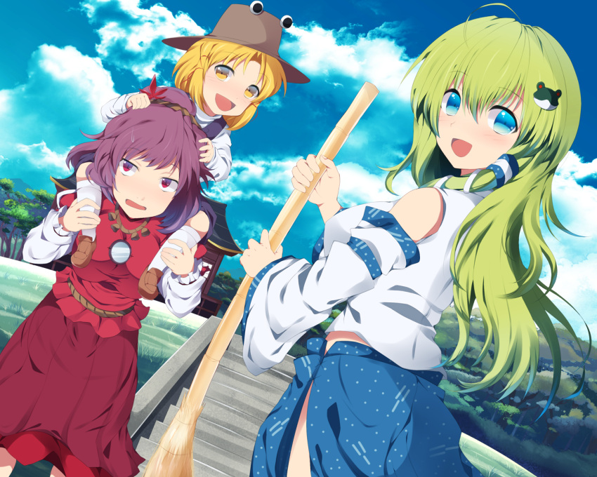 3girls bad_id bad_pixiv_id blonde_hair blue_eyes blush breasts broom carrying detached_sleeves frog frog_hair_ornament green_hair hair_ornament hair_ribbon hair_tubes hat kochiya_sanae leaf long_hair medium_breasts mizukami_ryouma moriya_suwako multiple_girls open_mouth purple_hair red_eyes revision ribbon rope shimenawa short_hair shoulder_carry skirt small_breasts smile snake touhou white_legwear yasaka_kanako yellow_eyes