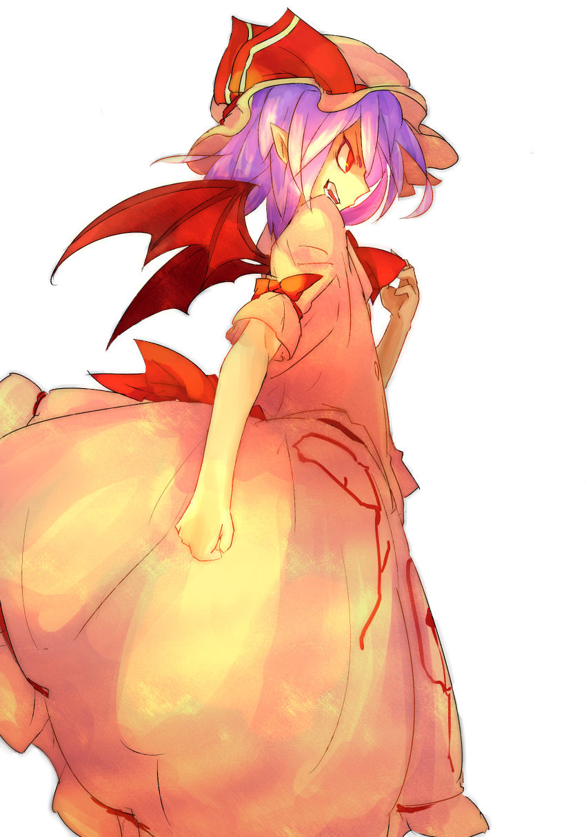 absurdres bat_wings commentary_request female futatsuki_eru hat highres pointy_ears profile purple_hair remilia_scarlet short_hair sideways_mouth simple_background solo touhou white_background wings