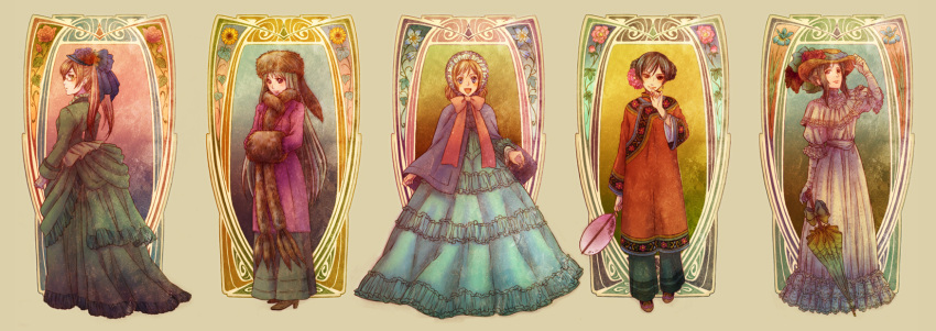 5girls america_(hetalia) axis_powers_hetalia bad_id bad_pixiv_id blonde_hair brown_hair capelet china_(hetalia) commentary_request dress flower france_(hetalia) fur genderswap_(mtf) hand_fan hat highres iris_(flower) long_hair muff multiple_girls parasol peony_(flower) rose rule_63 russia_(hetalia) sunflower umbrella united_kingdom_(hetalia) zac_ba_run