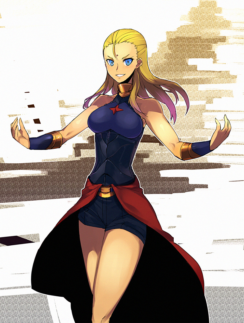 black_shorts blonde_hair blue_eyes bracer breasts commentary_request corset facial_mark female forehead_mark genderswap_(mtf) highres hokuto_no_ken kusanagi_kaoru large_breasts outstretched_arms rule_63 shorts smirk solo souther