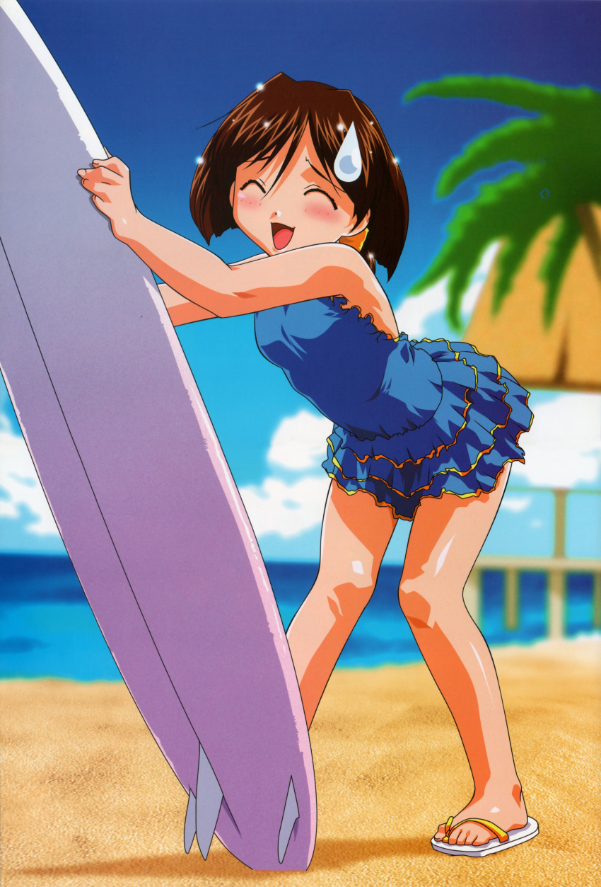 absurdres beach brown_hair highres lolicon surfboard sweatdrop swimsuit tanuki_no_midori tenshi_no_shippo