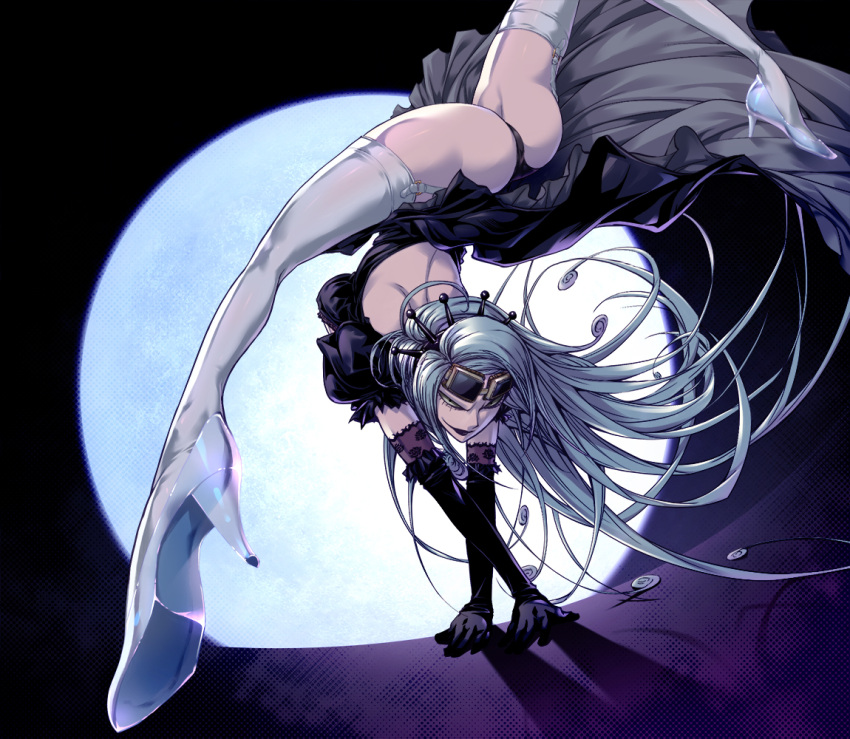 ass black_dress cinderella_(gekkou_jourei) commentary_request crown dress elbow_gloves female flexible garter_straps gekkou_jourei glass_slipper gloves handstand high_heels long_hair masamaru7 panties photoshop_(medium) silver_hair thighhighs thighs underwear