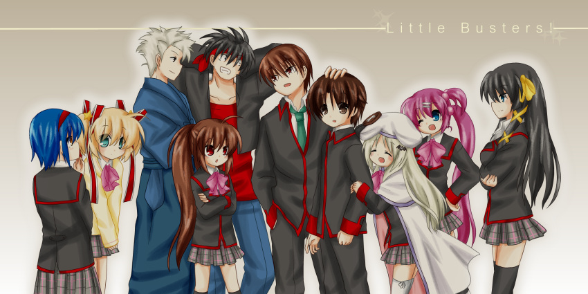 4boys 6+girls bow commentary_request highres inohara_masato juujiro_eru kamikita_komari kurugaya_yuiko little_busters! little_busters!_school_uniform miyazawa_kengo multiple_boys multiple_girls naoe_riki natsume_kyousuke natsume_rin nishizono_mio noumi_kudryavka pink_bow saigusa_haruka school_uniform