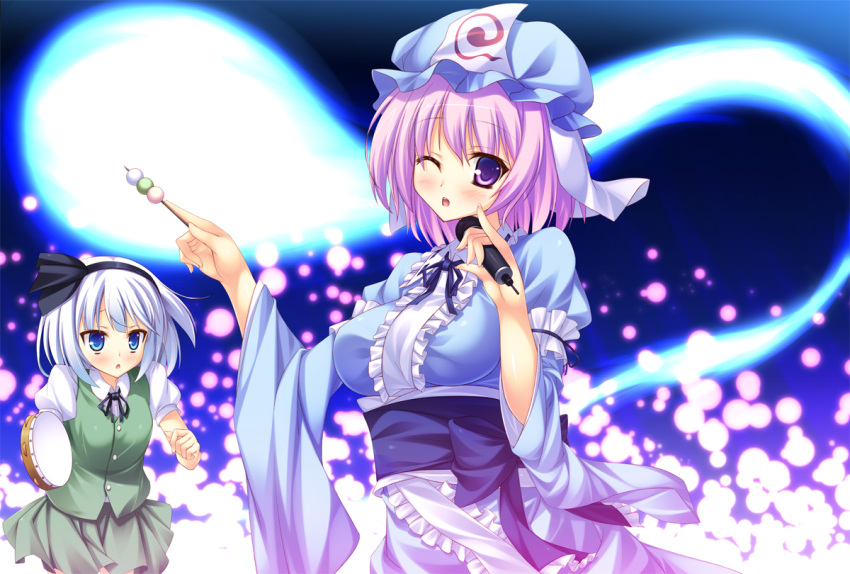 2girls ;o blue_eyes commentary_request dango food gokireddo grey_hair hairband hat hitodama instrument japanese_clothes konpaku_youmu microphone multiple_girls obi one_eye_closed pink_hair purple_eyes saigyouji_yuyuko sash short_hair skirt skirt_set tambourine touhou triangular_headpiece vest wagashi