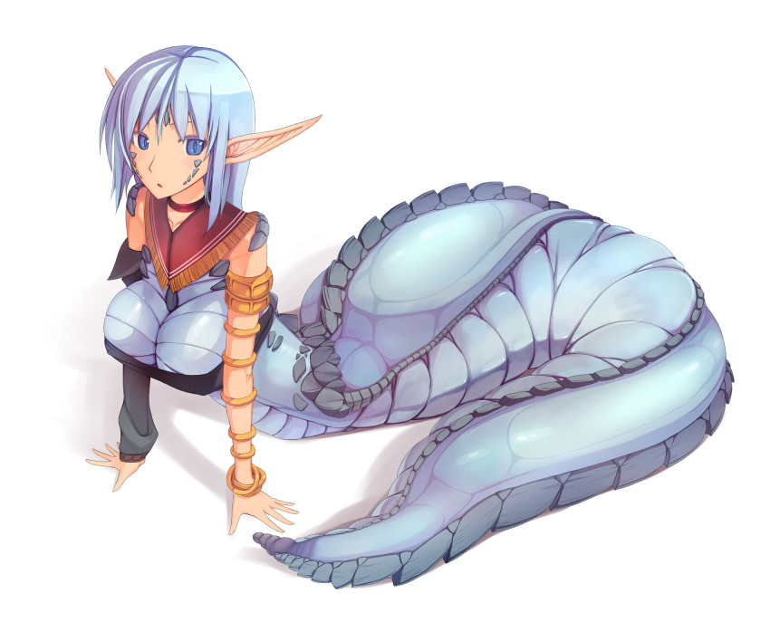 arm_support bad_id bad_pixiv_id blue_eyes breasts collarbone colored_eyelashes commentary_request detached_sleeves female fringe_trim full_body gold_trim highres jajala lamia large_breasts monster_girl original pointy_ears scales simple_background single_detached_sleeve solo white_background