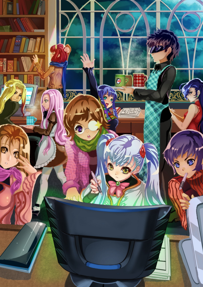 6+girls :3 :d :o amano_hikaru apron arm_behind_head arm_up bare_shoulders blonde_hair blue_eyes blue_hair book bookshelf bow bowtie brooch brown_eyes brown_hair casual checkered china_dress chinese_clothes closed_eyes cloud commentary_request computer cup desk detached_sleeves dress earrings everyone frilled_apron frills glasses glowing grey_hair grin hair_ornament hair_over_one_eye hairband halterneck hand_on_own_head haruka_minato highres holding hoshino_ruri indoors instrument jewelry kidou_senkan_nadesico kneepits lapis_lazuli_(kidou_senkan_nadesico) laptop light_purple_hair light_smile long_hair long_sleeves looking_at_viewer looking_back maki_izumi misumaru_yurika monitor mouth_hold mug multicolored_hair multiple_girls night night_sky opaque_glasses open_mouth pants pantyhose paper parted_lips pen plaid plaid_apron purple_eyes purple_hair red_hair ribbed_sweater rimless_eyewear scarf shiratori_yukina shoes short_hair sky smile sparkle st.microscope steam striped subaru_ryoko sweater takasugi_saburota tenkawa_akito tray turtleneck twintails ukulele very_long_hair visor waiter waitress walking waving white_legwear window yellow_eyes