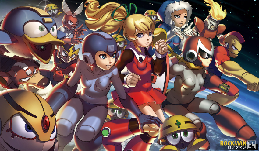 4girls android arm_cannon beat_(mega_man) bird blonde_hair blue_eyes blue_headwear bodysuit bomb_man boots breasts canine clenched_hand clenched_hands coat commentary copyright_name covered_navel cross cut_man dcwj dress elec_man english_commentary everyone fighting_stance fire fire_man floating_hair flying fur_trim gem genderswap_(mtf) glint gloves green_eyes green_ribbons grin guts_man hair_ribbon helmet highres hood ice_man joints knee_boots lightning_bolt_symbol long_hair long_sleeves looking_at_viewer mask mega_man_(character) mega_man_(classic) mega_man_(series) mega_man_1 met_(mega_man) mixed-language_commentary multiple_girls muscular non-humanoid_robot open_mouth parted_lips photoshop_(medium) planet ponytail proto_man red_cross red_dress red_headwear ribbon robot robot_animal robot_dog robot_joints roll_(mega_man) rule_63 rush_(mega_man) scarf scissors short_dress sidelocks sky small_breasts smile space star_(sky) starry_sky sunglasses weapon