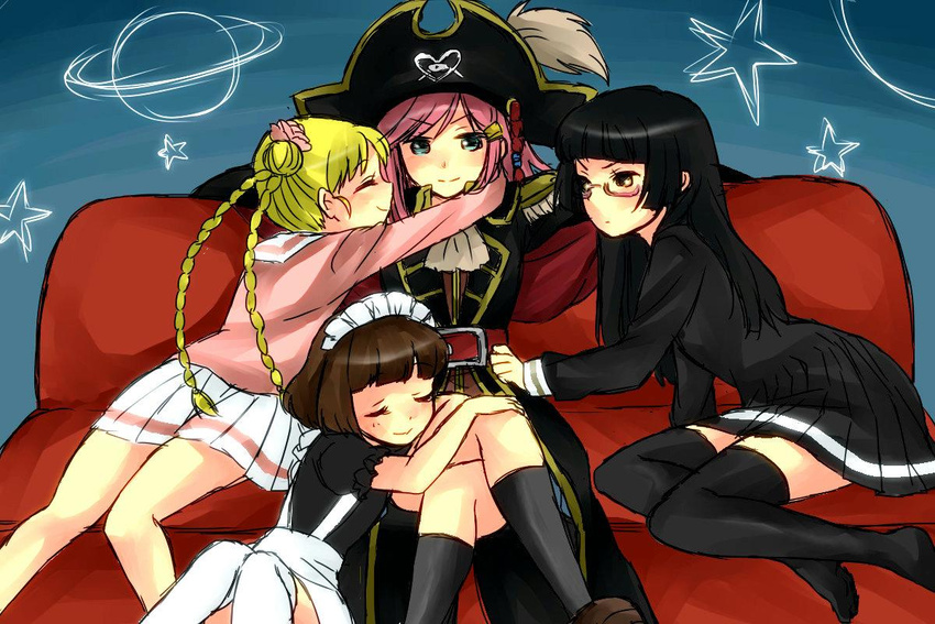 4girls belt black_hair black_legwear black_serafuku black_skirt blonde_hair blue_eyes braid brown_hair buckle chiaki_kurihara couch crossed_legs endou_mami epaulettes glasses gomi_yashiki gruier_serenity hair_ornament hairpin hat hug imageboard_desourced jpeg_artifacts katou_marika long_hair maid maid_headdress miniskirt_pirates multiple_girls non-web_source pimp pink_hair pirate_hat pleated_skirt saturn_(planet) school_uniform serafuku short_hair sitting skirt star_(symbol) thighhighs yuri zettai_ryouiki