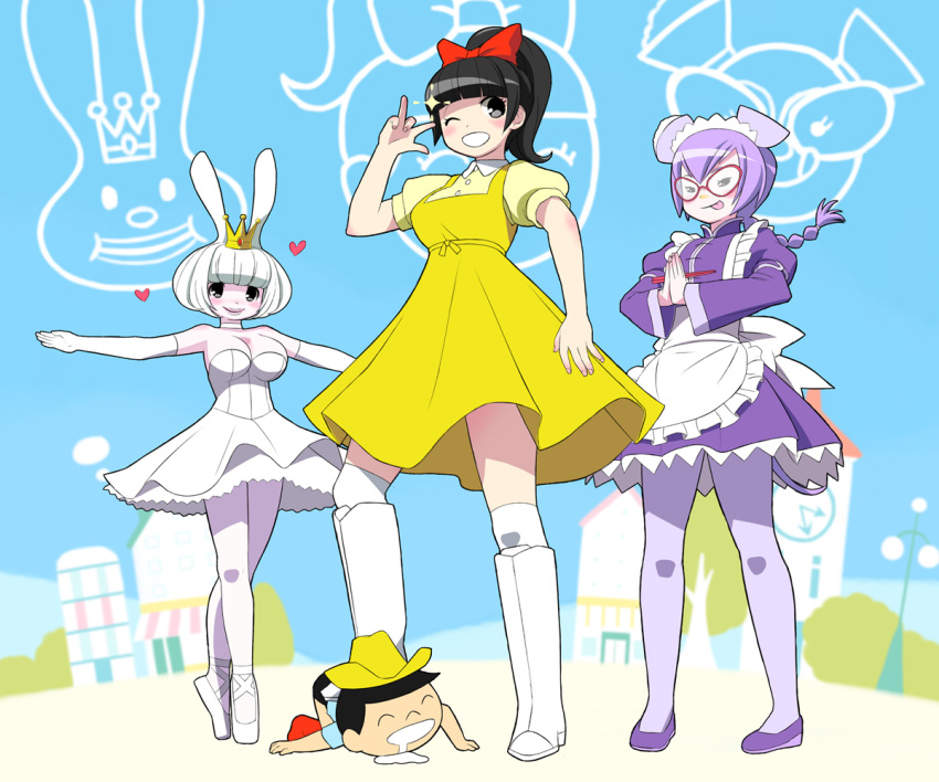 3girls :p \m/ ^_^ ac_japan aisatsu_boy aisatsu_girl animal_ears apron arigato_usagi black_eyes black_hair blush boots bow braid breasts bunny_ears cleavage closed_eyes dress elbow_gloves gloves hairbow hat itadaki_mouse large_breasts maid maid_apron maid_headdress multiple_girls personification ponytail purple_hair smile tongue tongue_out umi_no_tarako white_hair wink