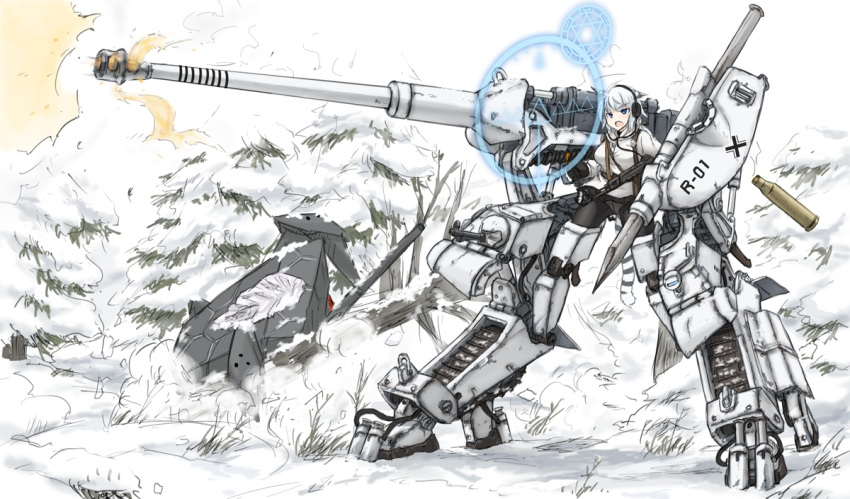 assault_rifle bad_id bad_pixiv_id cannon commentary dakku_(ogitsune) female gun magic_circle mecha military military_vehicle motor_vehicle non-humanoid_robot original panties panties_under_pantyhose pantyhose photoshop_(medium) pile_bunker reverse-jointed_legs rifle robot snow stg44 tank tiger_ii underwear walker_(robot) weapon white_hair world_witches_series