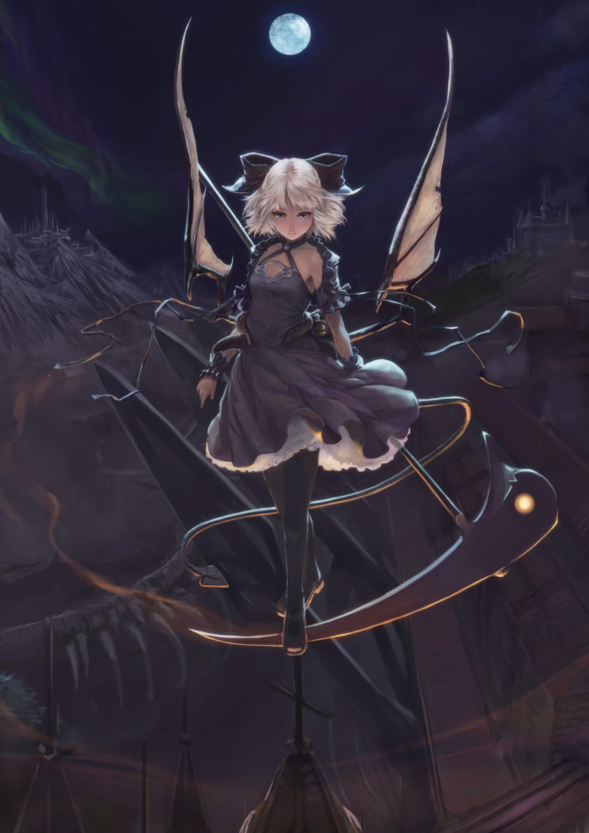 absurdres black_pantyhose blue_eyes blue_moon bow castle commentary_request demon_tail demon_wings dress female full_moon hairbow highres low_wings mizore_akihiro moon on_top_of_pole original pantyhose photoshop_(medium) scythe short_hair solo tail weapon white_hair wings wrist_cuffs