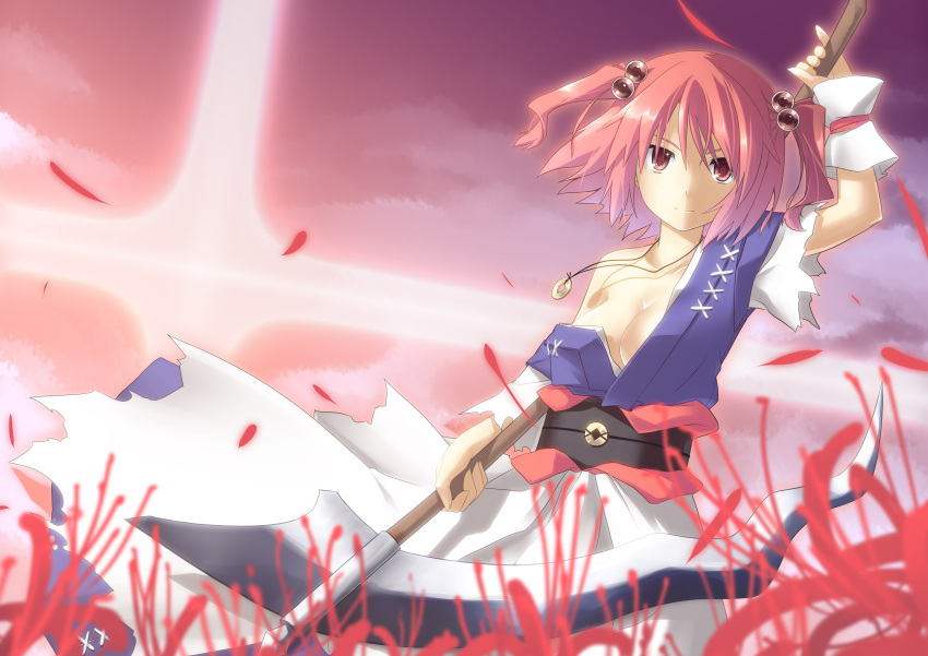 absurdres arm_up breasts cleavage coin coin_on_string commentary_request female flower hair_bobbles hair_ornament highres jewelry large_breasts looking_at_viewer necklace obi off_shoulder onozuka_komachi pendant petals photoshop_(medium) red_eyes red_flower red_hair sash scythe shirt single_bare_shoulder skirt sky smile solo spider_lily torn_clothes torn_sleeves touhou two_side_up yuuki_eishi