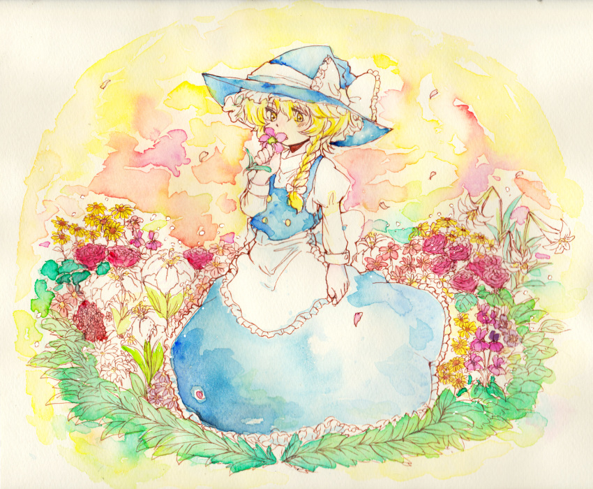 blonde_hair bow braid commentary_request dress female field flower flower_field hat hat_bow highres holding holding_flower kirisame_marisa painting_(medium) photoshop_(medium) single_braid smelling_flower solo tigern touhou traditional_media watercolor_(medium) white_bow witch_hat yellow_eyes