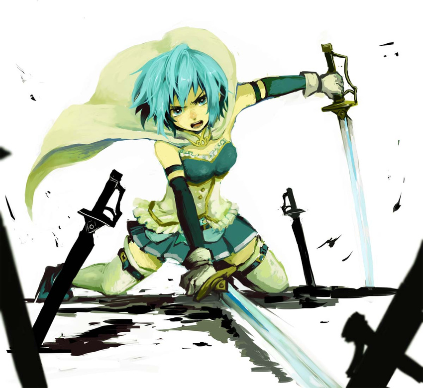 armband blue_eyes blue_hair cape commentary_request dual_wielding female gloves holding magical_girl mahou_shoujo_madoka_magica mahou_shoujo_madoka_magica_(anime) miki_sayaka miki_sayaka_(magical_girl) open_mouth photoshop_(medium) short_hair solo soul_gem sword uzaki_(jiro) weapon