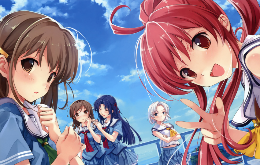 5girls absurdres ahoge blue_hair blush brown_eyes brown_hair closed_eyes cloud day duplicate hanami_mariya highres image_sample koga_sayoko long_hair misaki_kurehito miyamae_tomoka multiple_girls nakano_hinata red_eyes red_hair school_uniform serafuku short_hair sky smile suiheisen_made_nan_mile? tsuyazaki_kokage v white_hair yandere_sample