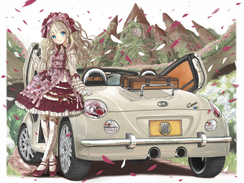 blonde_hair blue_eyes blunt_bangs car clock clock_tower commentary_request daihatsu daihatsu_copen day dress female flower frilled_dress frills gloves hair_flower hair_ornament head_tilt high_heels highres lipstick lolita_fashion long_hair looking_at_viewer makeup motor_vehicle original petals ribbon shoes sky solo suitcase thighhighs tokino_ame tower vehicle_focus white_gloves white_thighhighs wind