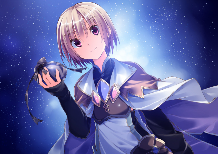 1boy brown_hair cape commentary_request holding kuwashima_rein lest_(rune_factory) long_sleeves looking_at_viewer male_focus night night_sky pouch purple_eyes rune_factory rune_factory_4 sky sleeves_past_wrists smile solo star_(sky)