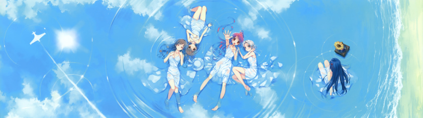 5girls absurdres aircraft airplane barefoot blue_hair brown_hair closed_eyes cloud contrail day dress duplicate grey_hair hanami_mariya hat highres image_sample koga_sayoko long_hair lying misaki_kurehito miyamae_tomoka multiple_girls nakano_hinata on_back on_side outstretched_arm outstretched_hand phonograph red_hair reflection ripples short_hair suiheisen_made_nan_mile? tsuyazaki_kokage unworn_hat unworn_headwear water white_dress yandere_sample