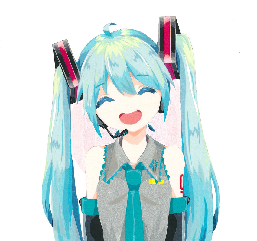 aqua_hair closed_eyes detached_sleeves female hatsune_miku headset mogi open_mouth past shirt sleeves smile twintails very_long_hair vocaloid white_background wrists