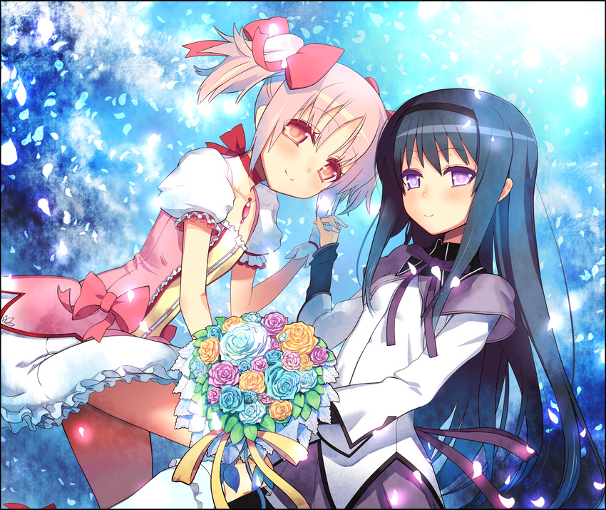 2girls akemi_homura akemi_homura_(magical_girl) black_hair blue_flower blue_rose blue_theme blush bouquet choker commentary_request flower gloves hairband highres holding_hands kaname_madoka kaname_madoka_(magical_girl) light_smile long_hair magical_girl mahou_shoujo_madoka_magica mahou_shoujo_madoka_magica_(anime) makaroni multiple_girls pantyhose petals pink_eyes pink_hair puffy_sleeves purple_eyes purple_flower purple_rose red_choker rose short_hair twintails white_gloves yellow_flower yellow_rose