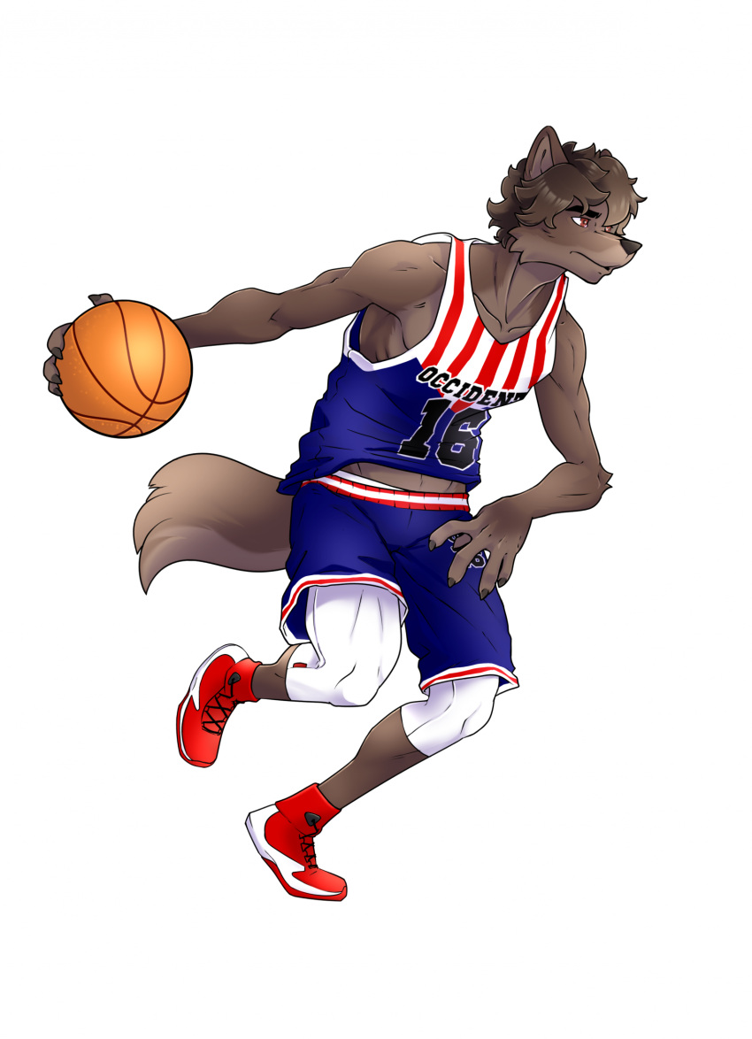 2024 5_fingers abs anthro athletic athletic_anthro athletic_male ball basketball_(ball) basketball_jersey basketball_uniform black_nose bottomwear brown_body brown_eyes brown_fur brown_hair canid canine canis claws clothed clothing dribbling fanakfurry finger_claws fingers footwear fur hair hi_res josh_woodlane male mammal pecs shoes shorts sneakers solo sportswear uniform wolf