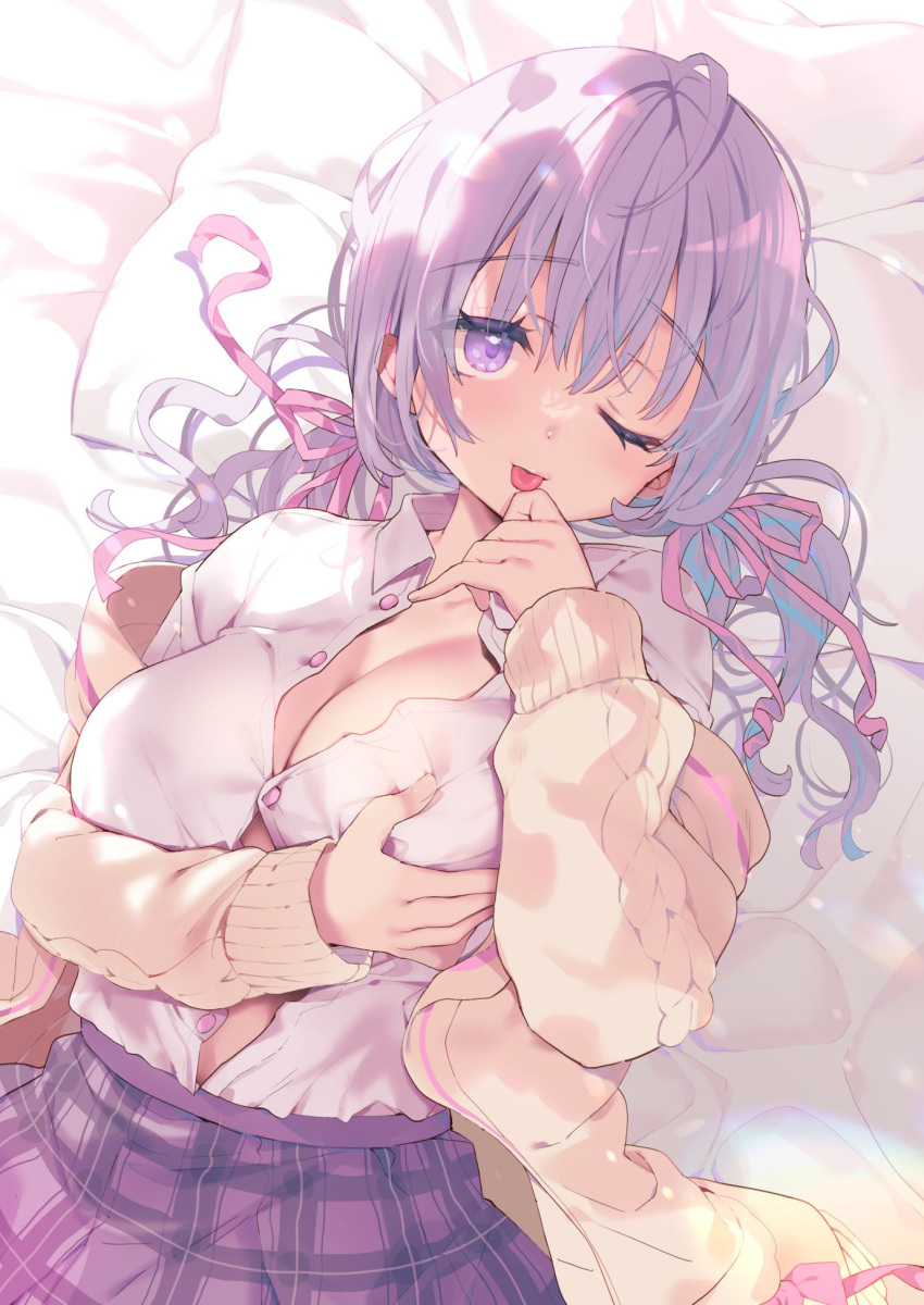 ahoge bed blush breasts button_gap cardigan cleavage collared_shirt commission dot_nose dress_shirt female grabbing_own_breast hair_between_eyes hair_ribbon hand_up head_on_pillow highres indie_virtual_youtuber indoors kibii_mocha large_breasts long_hair long_sleeves looking_at_viewer lying naito_mare_(vtuber) on_back on_bed one_eye_closed open_cardigan open_clothes pink_ribbon plaid_clothes plaid_skirt purple_eyes purple_hair purple_skirt ribbon shirt skeb_commission skirt solo tongue tongue_out unbuttoned virtual_youtuber white_shirt yellow_cardigan